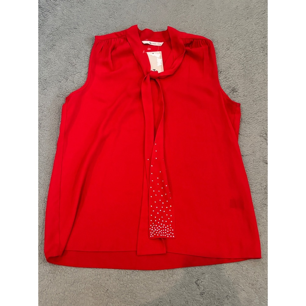 Tu Woman Red Sleeveless Tie Neck Blouse Rhinestone Detail Size 10 NWT
